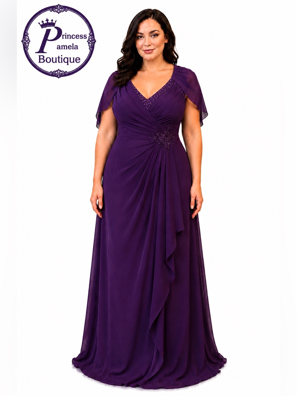 #697 Mulberry V Neck Beaded trim Chiffon Long Dress-1X/Size 16